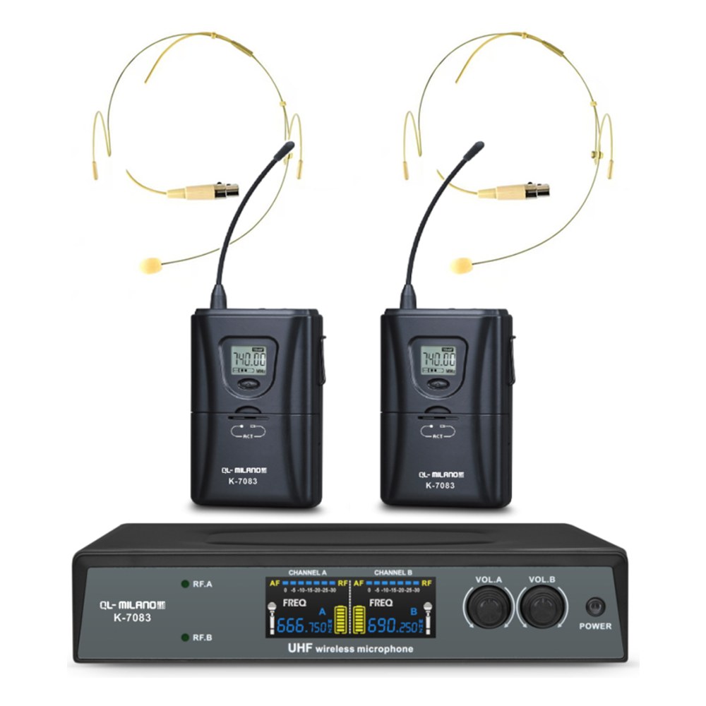 זוג מיקרופוני מדונה אלחוטיים QL Milano K-7083 – UHF עם מקלט כפול וקייס נשיאה 1 זוג מיקרופוני מדונה אלחוטיים QL Milano K-7083 עם מקלט