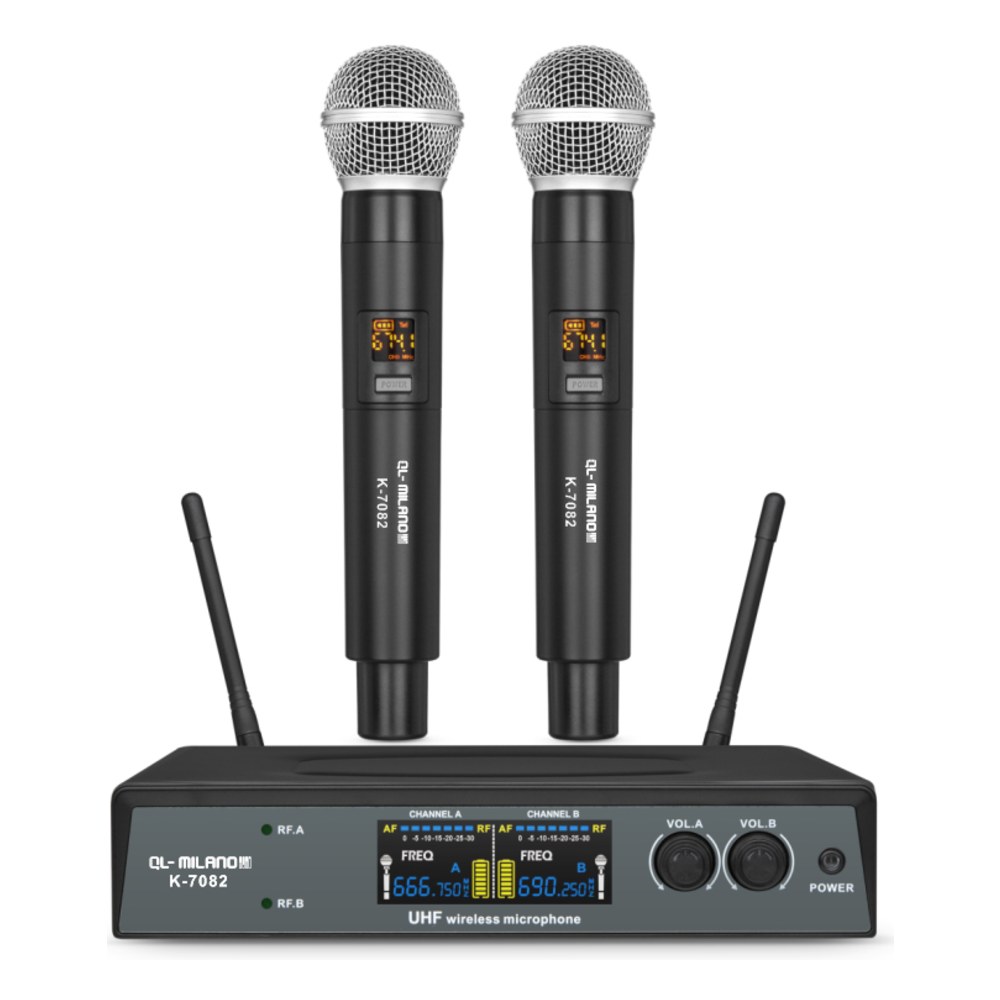 זוג מיקרופונים אלחוטיים ידניים QL Milano K-7082 – UHF בתדר קבוע עם קייס קשיח 1 זוג מיקרופונים אלחוטיים ידניים QL Milano K-7082 עם מקלט וקייס קשיח