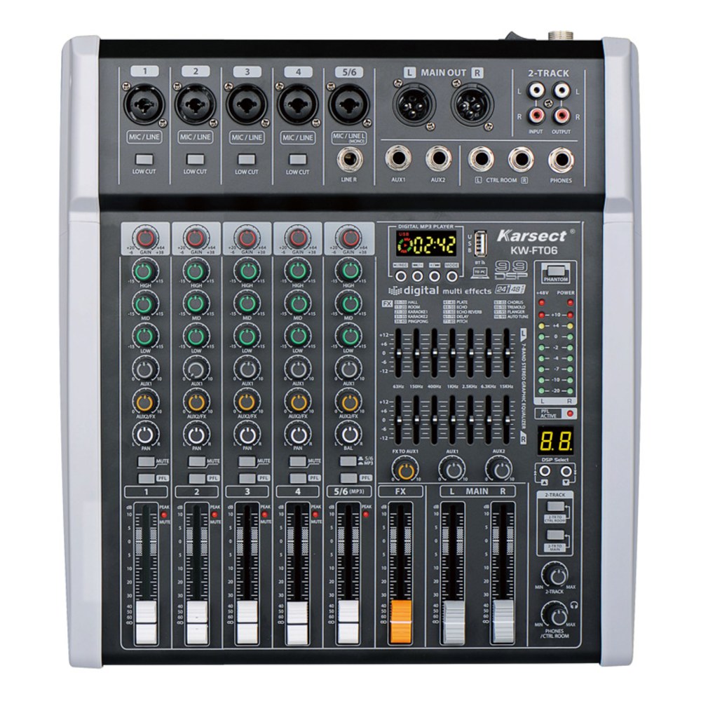 מיקסר מוגבר 6 ערוצים Karsect KW-FT06 – Bluetooth, נגן MP3 ו-99 אפקטי DSP 1 מיקסר מוגבר 6 ערוצים Karsect KW-FT06