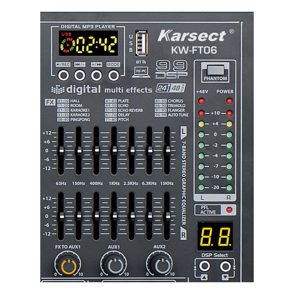 מיקסר מוגבר 6 ערוצים Karsect KW-FT06 – Bluetooth, נגן MP3 ו-99 אפקטי DSP 4 מיקסר מוגבר 6 ערוצים Karsect KW-FT06 – תמונה 4