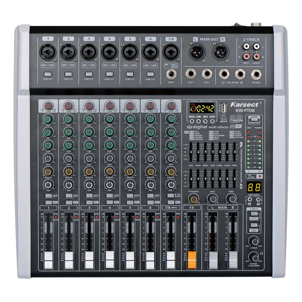 מיקסר מוגבר 8 ערוצים Karsect KW-FT08 – 700W עם Bluetooth, USB ו-99 אפקטים 1 מיקסר מוגבר 8 ערוצים Karsect KW-FT08 700W