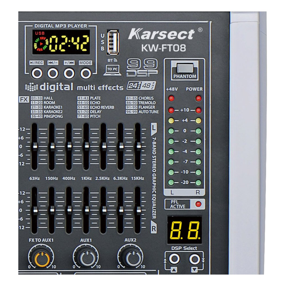 מיקסר מוגבר 8 ערוצים Karsect KW-FT08 – 700W עם Bluetooth, USB ו-99 אפקטים 4 מיקסר מוגבר 8 ערוצים Karsect KW-FT08 700W – תמונה 4
