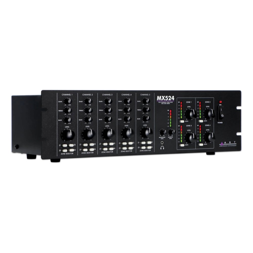 מיקסר אזורים ART MX524 – 5 ערוצים ו-4 אזורים עם עדיפות להודעות ופאנטום 1 מיקסר אזורים ART MX524 במארז ראק 3U