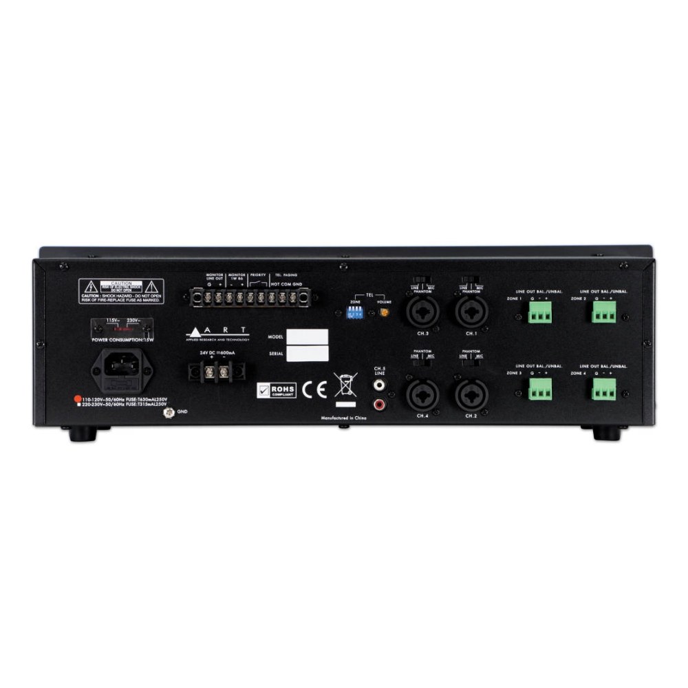 מיקסר אזורים ART MX524 – 5 ערוצים ו-4 אזורים עם עדיפות להודעות ופאנטום 3 מיקסר אזורים ART MX524 במארז ראק 3U – תמונה 3
