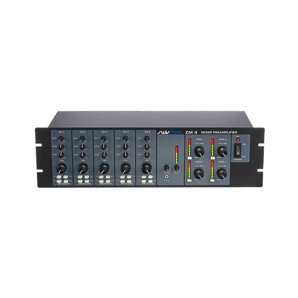מיקסר אזורים Swissonic לראק – 4 ערוצי מיקרופון/קו, 4 יציאות אזור, קדימות לערוץ 1 וכריזה (יבוא בלעדי) 2 מיקסר האזורים של Swissonic – מיקסר אזורים, תמונה 2