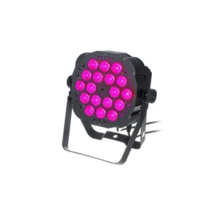 פנס PAR שטוח Stairville 18×3W RGB – זווית 25°, שלט רחוק, DMX ומוזיקה, תושבת כפולה