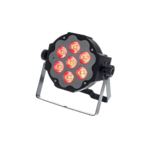 פנס PAR שטוח Varytec 7×10W 6-ב-1 – RGBAW ו-UV, זווית 25°, DMX, שלט רחוק, שחור
