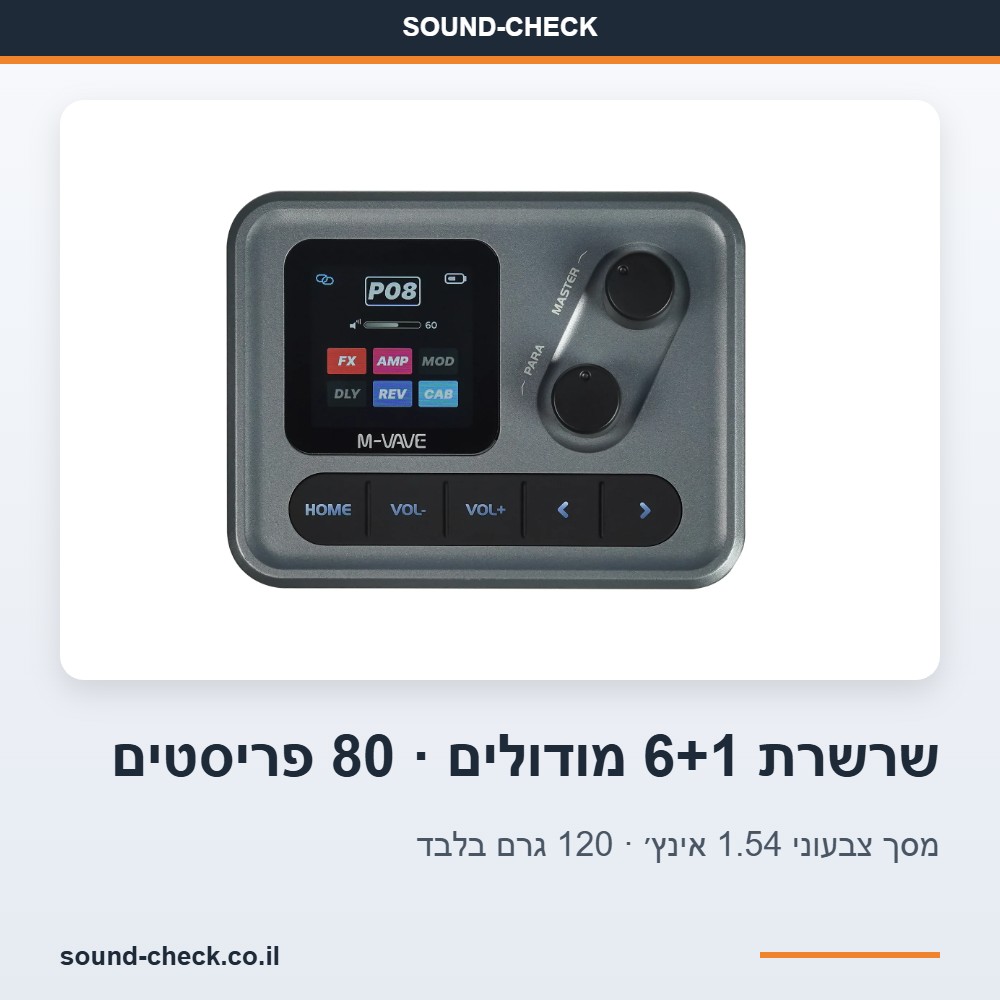מעבד אפקטים כיס לגיטרה עם מסך צבעוני, ממשק אודיו USB-C ושליטה באפליקציה בבלוטות׳ 4 שרשרת אפקטים מותאמת אישית של 6+1 מודולים ו-80 פריסטים במעבד אפקטים כיס לגיטרה