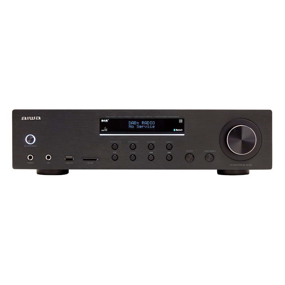 רסיבר סטריאו Aiwa AMR-200DAB/BK – 2x100W, רדיו DAB+ ו-Bluetooth דו-כיווני 1 רסיבר סטריאו Aiwa AMR-200DAB/BK עם פאנל אלומיניום מוברש ותצוגה מוארת