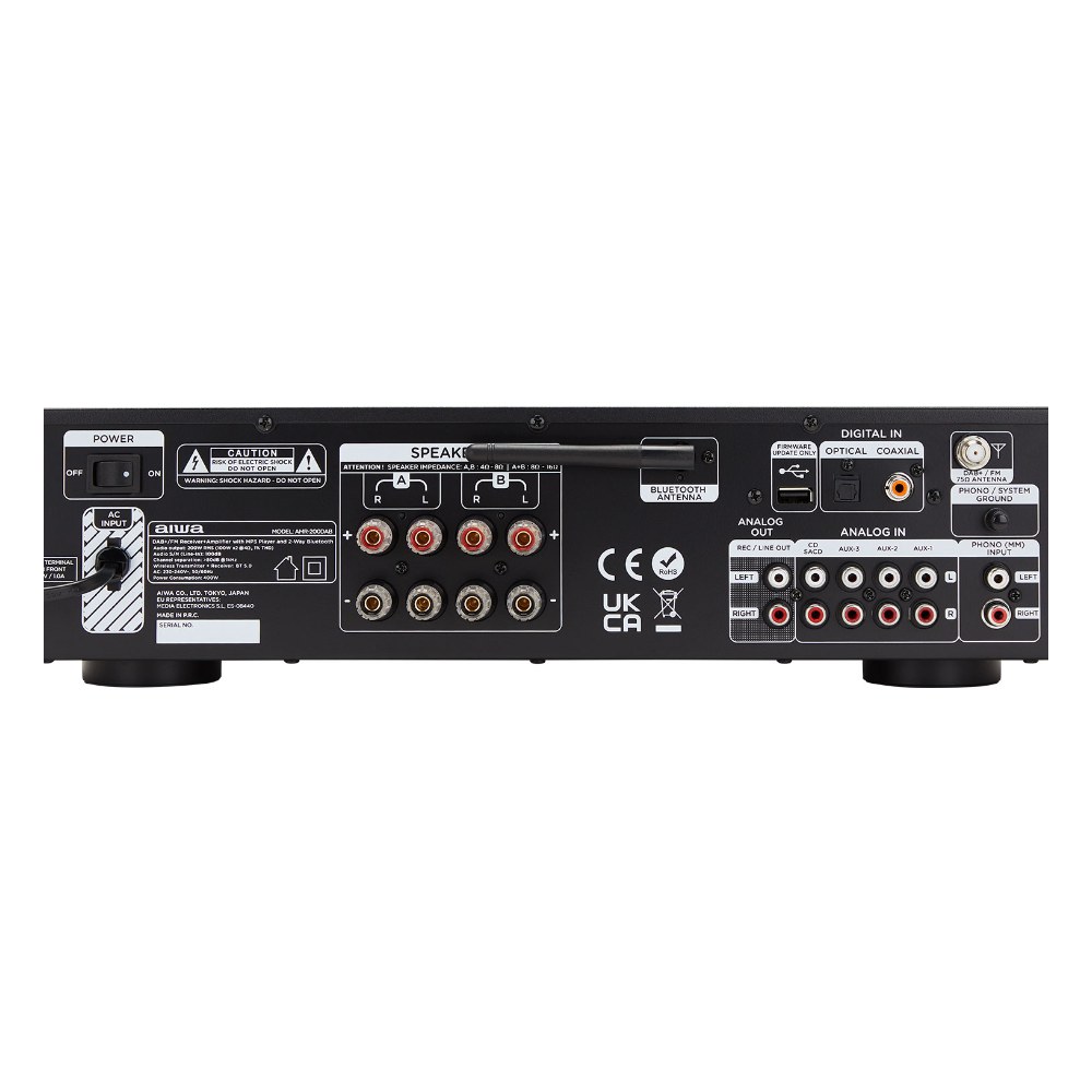 רסיבר סטריאו Aiwa AMR-200DAB/BK – 2x100W, רדיו DAB+ ו-Bluetooth דו-כיווני 2 רסיבר סטריאו Aiwa AMR-200DAB/BK עם פאנל אלומיניום מוברש ותצוגה מוארת – תמונה 2
