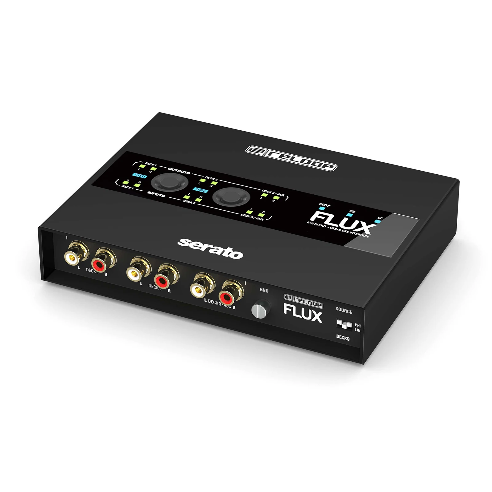 Reloop Flux – ממשק DVS USB-C ל־Serato DJ Pro 1 ממשק DVS Reloop Flux – מבט קדמי אלכסוני