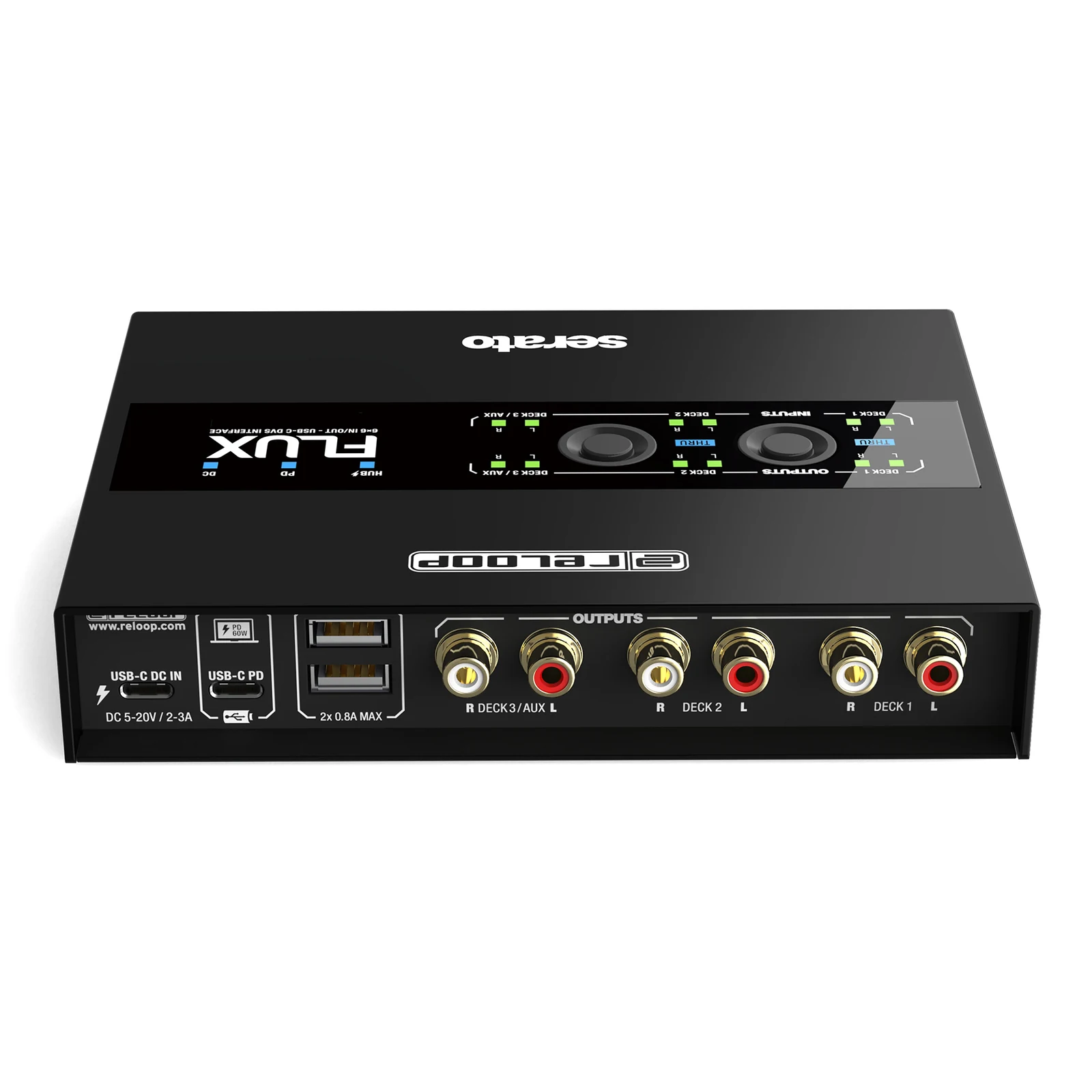 Reloop Flux – ממשק DVS USB-C ל־Serato DJ Pro 3 Reloop Flux – הפאנל האחורי, יציאות RCA וחיבורי USB
