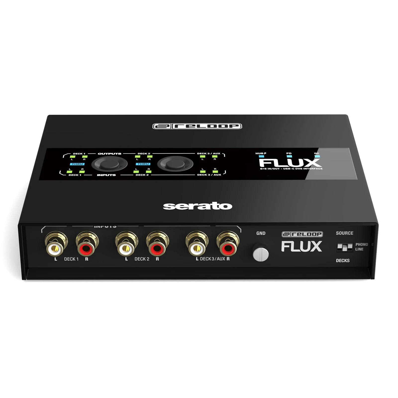 Reloop Flux – ממשק DVS USB-C ל־Serato DJ Pro 4 Reloop Flux – מבט קדמי על כניסות RCA ובוררי Phono ו־Line