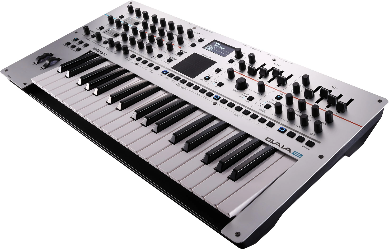 Roland GAIA 2 – סינתיסייזר Wavetable ו־Virtual Analog עם 37 קלידים 1 סינתיסייזר Roland GAIA 2 במבט אלכסוני עם 37 קלידים ולוח בקרה כסוף