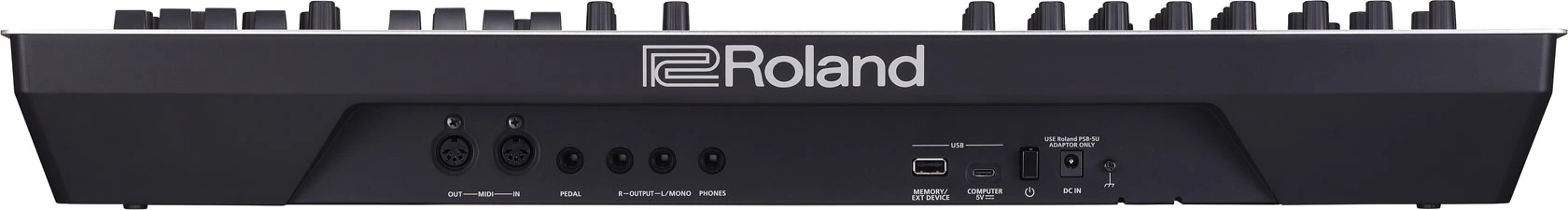 Roland GAIA 2 – סינתיסייזר Wavetable ו־Virtual Analog עם 37 קלידים 4 חיבורי Roland GAIA 2 מאחור: אודיו, MIDI, USB ודוושה