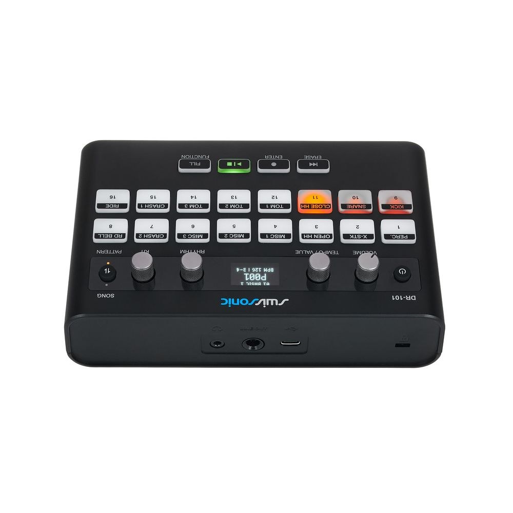 מכונת תופים קומפקטית Swissonic – 16 פדים רגישים, 48 ערכות, רמקולים מובנים, סוללות או USB-C 4 מכונת התופים הקומפקטית – מכונת תופים, תמונה 4