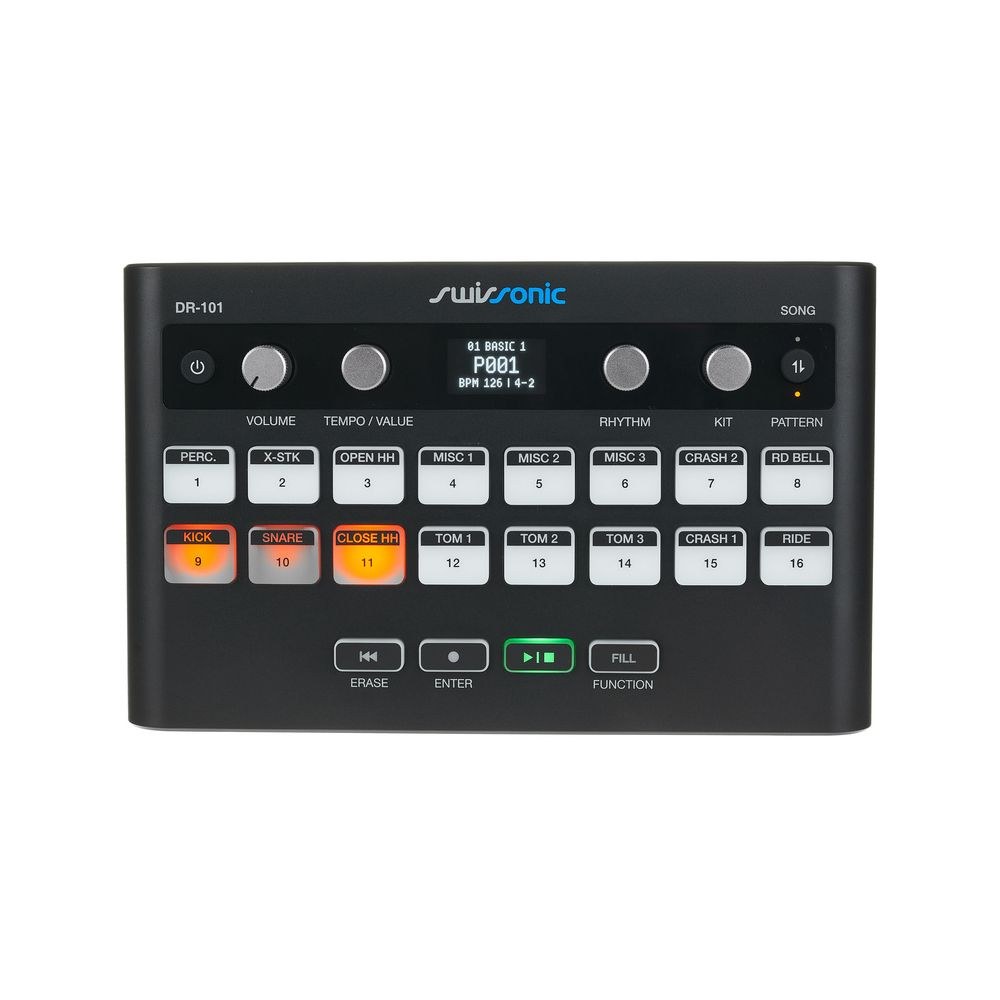 מכונת תופים קומפקטית Swissonic – 16 פדים רגישים, 48 ערכות, רמקולים מובנים, סוללות או USB-C 5 מכונת התופים הקומפקטית – מכונת תופים, תמונה 5