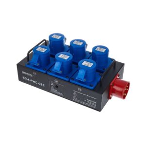 מפצל חשמל CEE 16A תלת-פאזי Botex – 6 יציאות CEE כחולות 230V, בית מתכת, נוריות פאזה