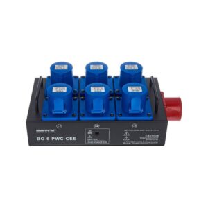 מפצל חשמל CEE 16A תלת-פאזי Botex – 6 יציאות CEE כחולות 230V, בית מתכת, נוריות פאזה