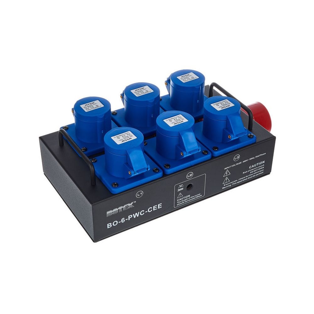 מפצל חשמל CEE 16A תלת-פאזי Botex – 6 יציאות CEE כחולות 230V, בית מתכת, נוריות פאזה 3 מפצל ה-CEE של Botex – מפצל חשמל CEE לבמה, תמונה 3