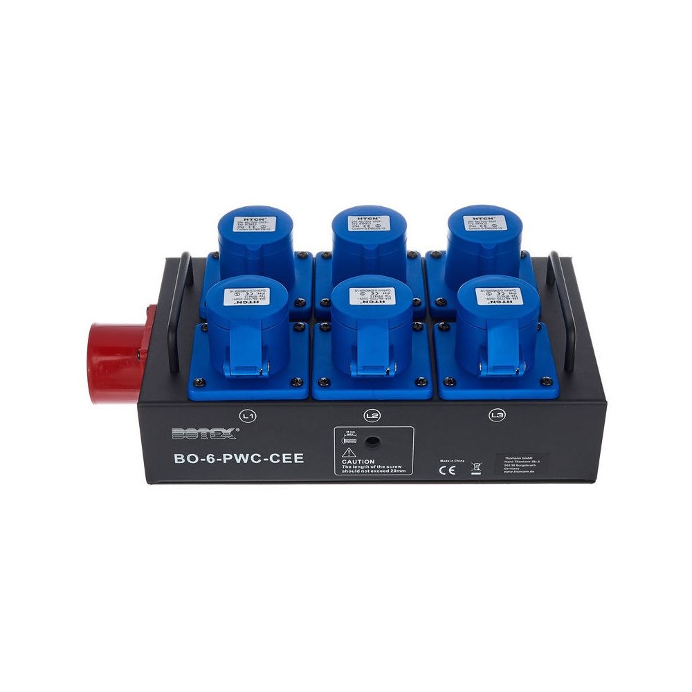 מפצל חשמל CEE 16A תלת-פאזי Botex – 6 יציאות CEE כחולות 230V, בית מתכת, נוריות פאזה 4 מפצל ה-CEE של Botex – מפצל חשמל CEE לבמה, תמונה 4