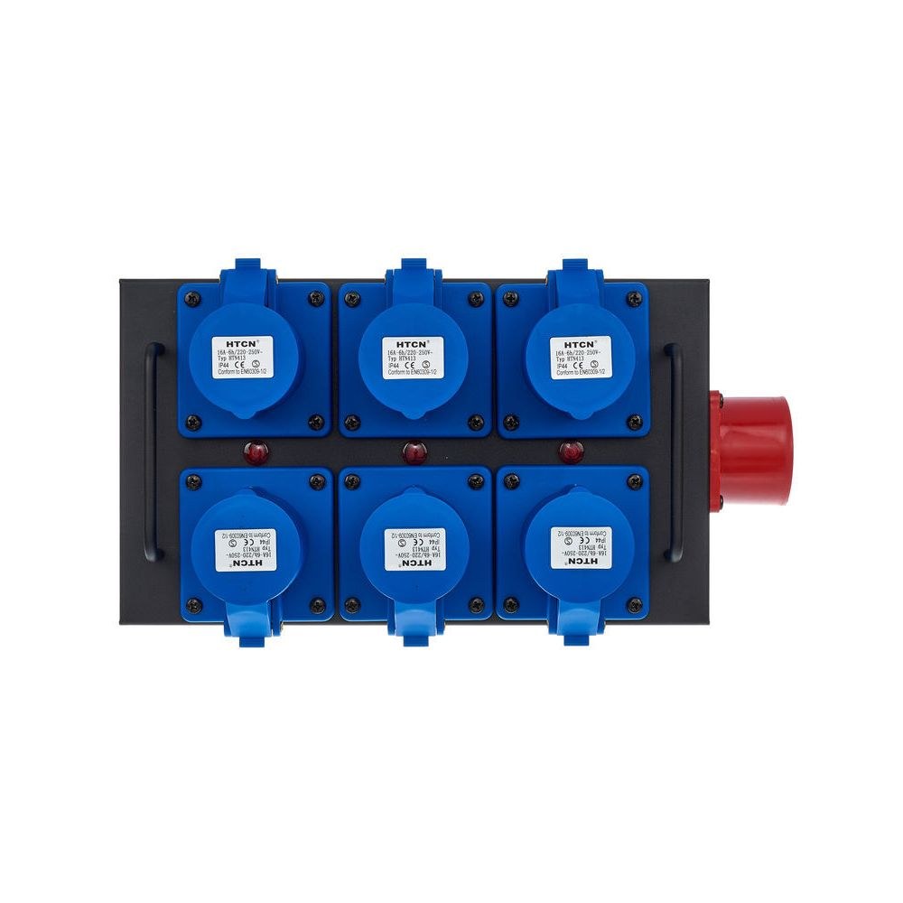 מפצל חשמל CEE 16A תלת-פאזי Botex – 6 יציאות CEE כחולות 230V, בית מתכת, נוריות פאזה 5 מפצל ה-CEE של Botex – מפצל חשמל CEE לבמה, תמונה 5
