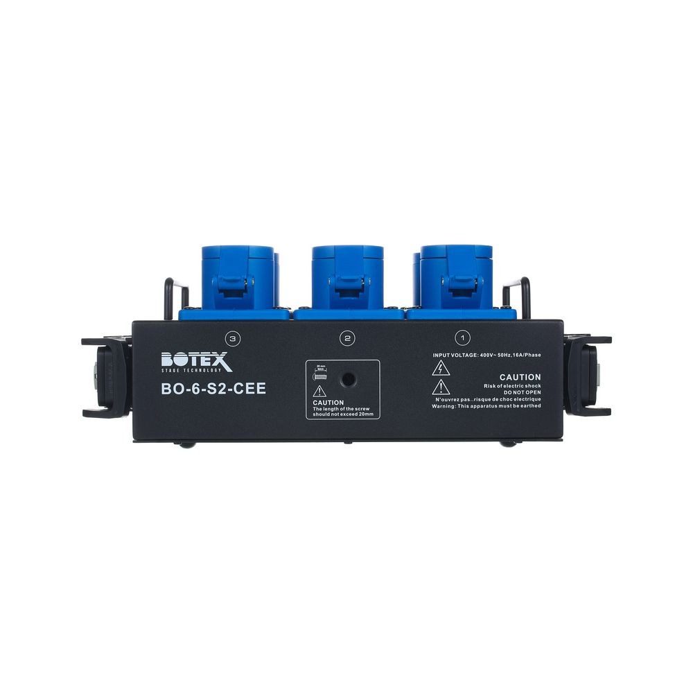 קופסת פיצול מולטי-פין לבמה Botex – כניסה ומעבר 16 פינים, 6 שקעי CEE כחולים, 16A/400V, נוריות פאזה 7 קופסת הפיצול עם 6 שקעי CEE – קופסת פיצול מולטי-פין, תמונה 7
