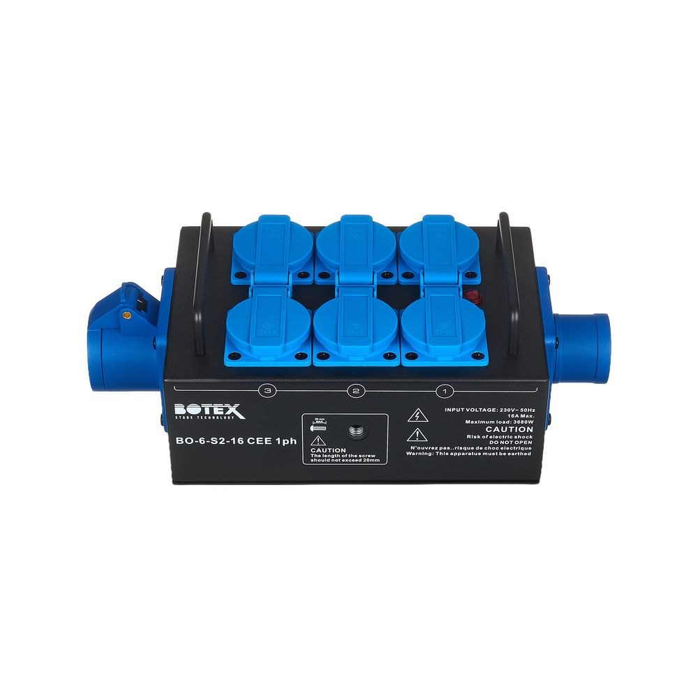 קופסת חלוקת חשמל לבמה Botex – כניסה ומעבר CEE 16A חד-פאזי, 6 שקעי שוקו, בית מתכת, נורית פאזה 2 קופסת החשמל עם 6 השקעים – קופסת חלוקת חשמל, תמונה 2
