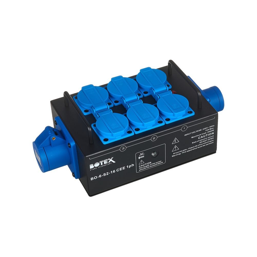 קופסת חלוקת חשמל לבמה Botex – כניסה ומעבר CEE 16A חד-פאזי, 6 שקעי שוקו, בית מתכת, נורית פאזה 3 קופסת החשמל עם 6 השקעים – קופסת חלוקת חשמל, תמונה 3