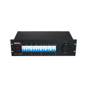 לוח חלוקת חשמל לבמה Botex – כניסת CEE 32A תלת-פאזית, 2 יציאות CEE 16A, 3 שקעים, מפסקי פחת, 3U