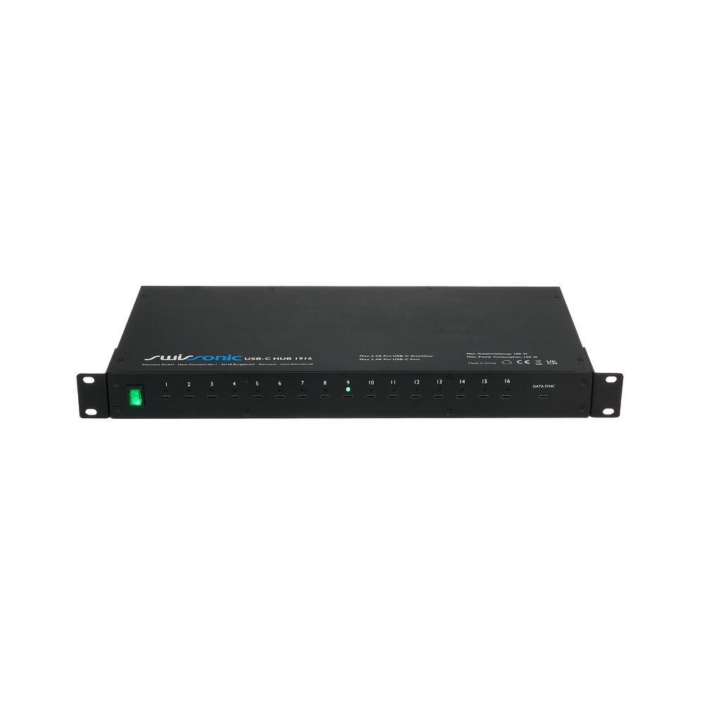 רכזת USB-C לראק Swissonic עם 16 יציאות – תחנת טעינה 19 אינץ׳ 1U, עד 100W, נורית לכל יציאה 2 רכזת ה-USB-C לראק – רכזת USB לראק, תמונה 2