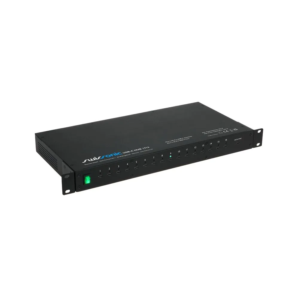 רכזת USB-C לראק Swissonic עם 16 יציאות – תחנת טעינה 19 אינץ׳ 1U, עד 100W, נורית לכל יציאה 3 רכזת ה-USB-C לראק – רכזת USB לראק, תמונה 3