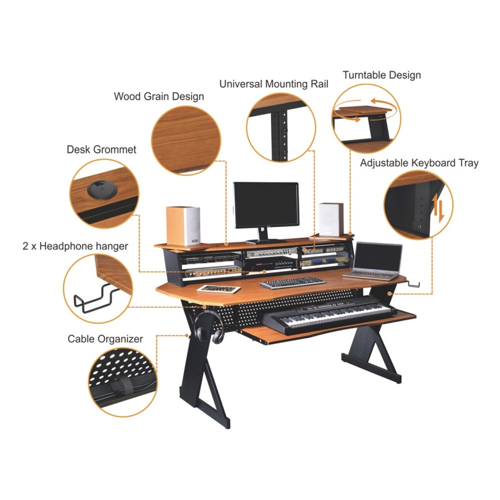 שולחן אולפן פרימיום Musiea EX100 – מתלה 4U בשלושה צדדים ומגש מקלדת, עץ דובדבן 4 שולחן אולפן פרימיום Musiea EX100 בגוון עץ דובדבן – תמונה 4
