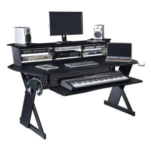 שולחן אולפן Musiea EX100 שחור – ראק 4U בשלושה צדדים ומדף לשני מסכים