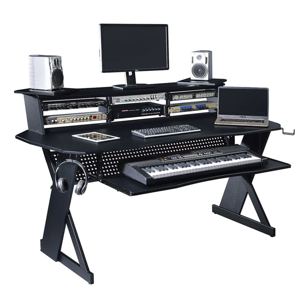 שולחן אולפן Musiea EX100 שחור – ראק 4U בשלושה צדדים ומדף לשני מסכים 1 שולחן אולפן Musiea EX100 בצבע שחור עם ראק 4U ומדף עליון
