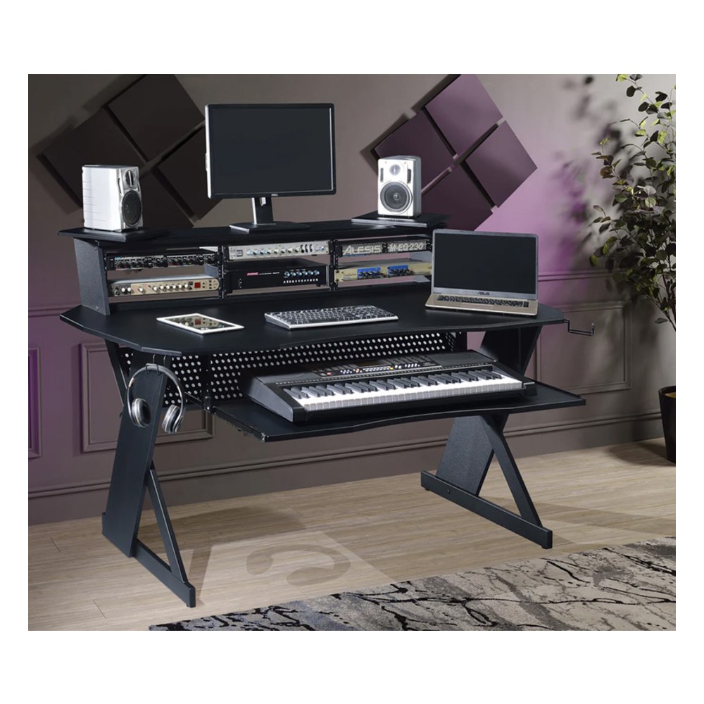 שולחן אולפן Musiea EX100 שחור – ראק 4U בשלושה צדדים ומדף לשני מסכים 4 שולחן אולפן Musiea EX100 בצבע שחור עם ראק 4U ומדף עליון – תמונה 4