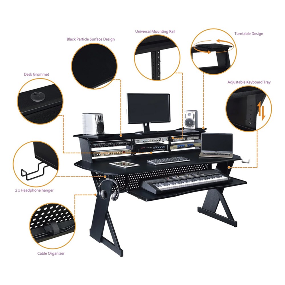 שולחן אולפן Musiea EX100 שחור – ראק 4U בשלושה צדדים ומדף לשני מסכים 5 שולחן אולפן Musiea EX100 בצבע שחור עם ראק 4U ומדף עליון – תמונה 5