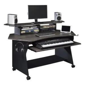 שולחן אולפן Musiea IM100 אפור – מגש ל-61 קלידים, ראק 4U ו-4 גלגלים