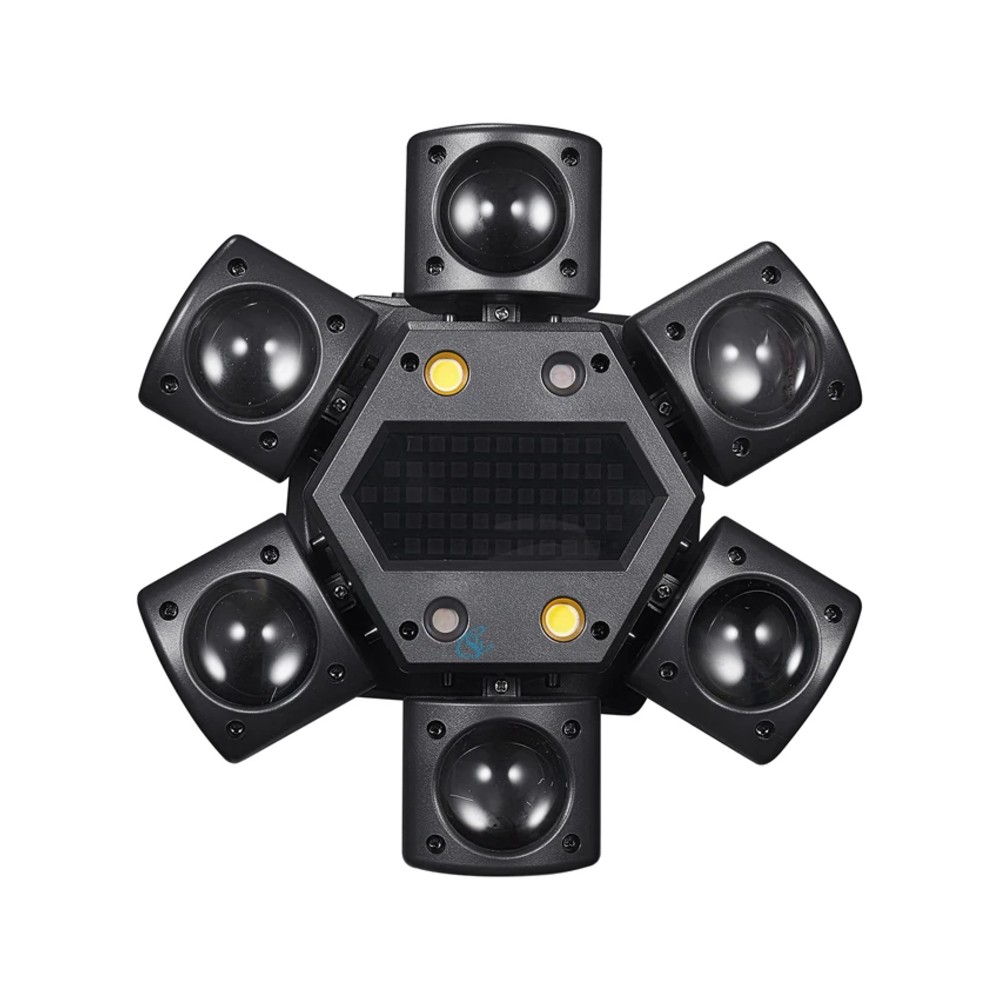 פנס ראש נע LED עם שש זרועות ביים ולוח סטרובוסקופ – 80W, DMX512 ושלט רחוק 2 פנס ראש נע שש זרועות – מבט מלפנים על לוח הסטרובוסקופ