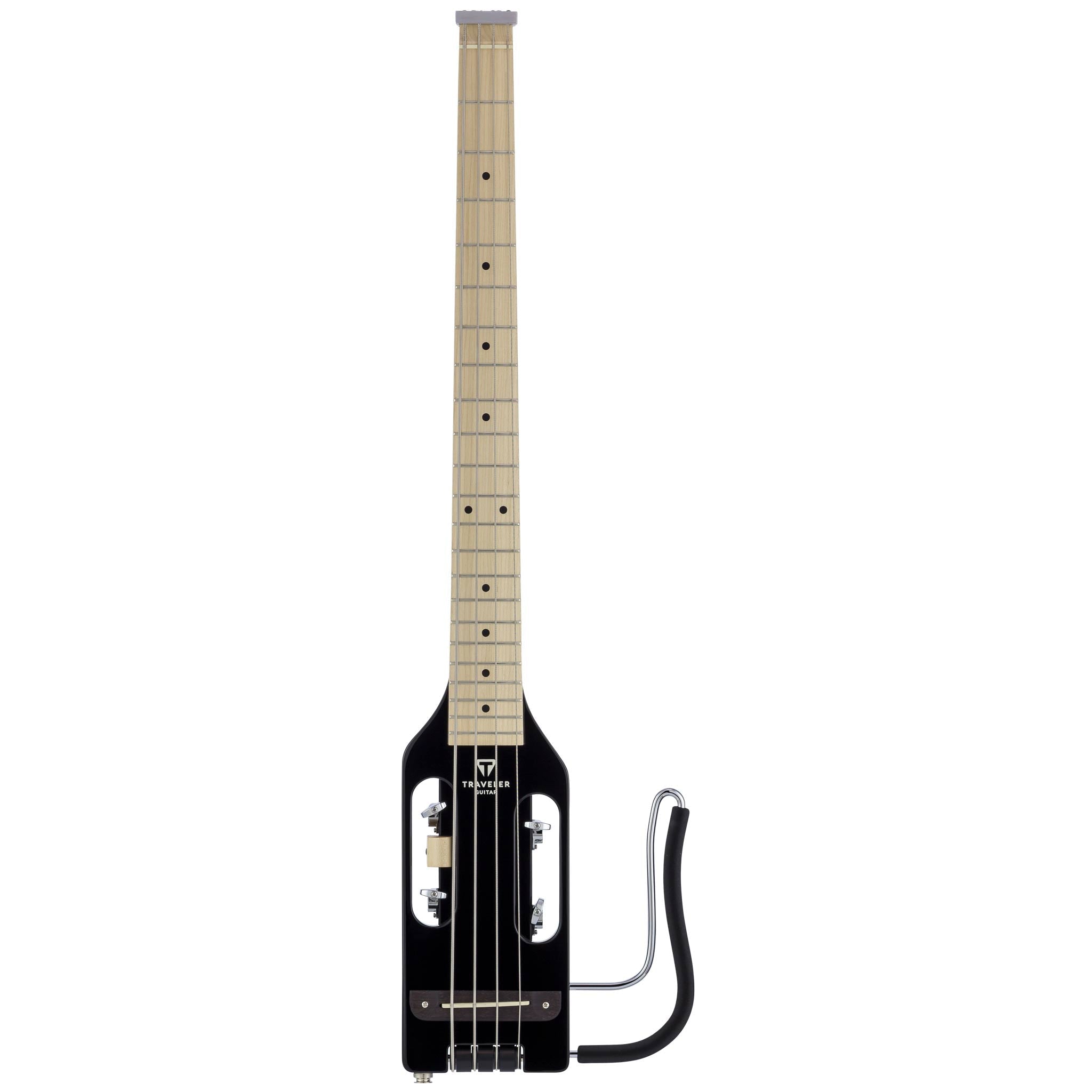 Traveler Guitar Ultra-Light Bass Gloss Black – גיטרת בס ניידת, 4 מיתרים 1 Traveler Guitar Ultra-Light Bass ULB BKGMP — מבט חזיתי, ארבעה מיתרים וגימור שחור מבריק
