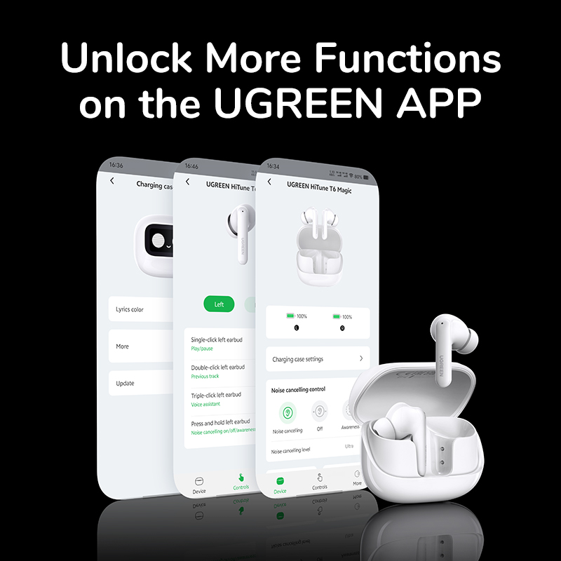 אוזניות TWS אלחוטיות UGREEN HiTune T6 עם ANC עד 52dB – מארז חכם עם מסך מגע, LDAC ועמידות IPX5 5 UGREEN HiTune T6 אוזניות TWS עם מארז מסך מגע 5
