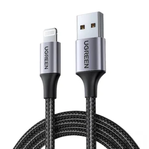 כבל Lightning ל-USB-A קלוע UGREEN US199 באורך 2 מטר – מאושר MFi, טעינה עד 2.4A וסנכרון עד 480Mbps