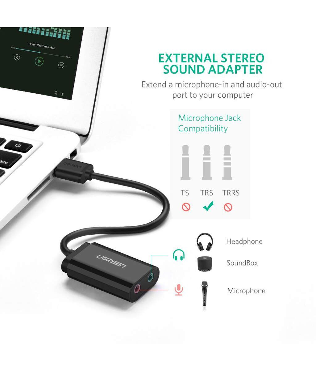כרטיס קול חיצוני USB UGREEN US205 – יציאות נפרדות לאוזניות ולמיקרופון 3.5 מ״מ, Plug and Play 3 UGREEN US205 כרטיס קול USB 3