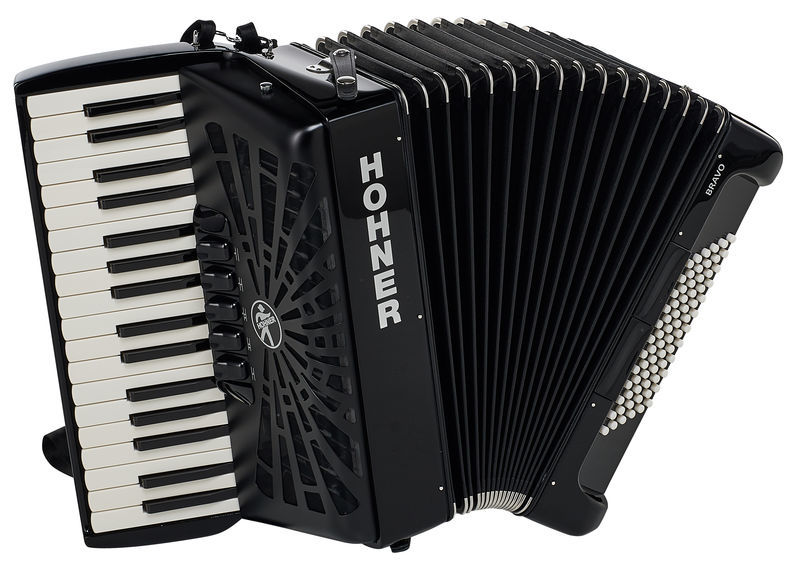 אקורדיון Hohner Bravo III 72 בסים – 34 קלידים, 3 שורות לשוניות, Silent Key, תיק ורצועות 1 אקורדיון Hohner Bravo III 72