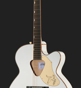גיטרה אקוסטית מוגברת Gretsch Falcon בלבן עם עיטורי זהב – ג׳מבו עם חיתוך, טופ ספרוס מלא ופיקאפ Fishman