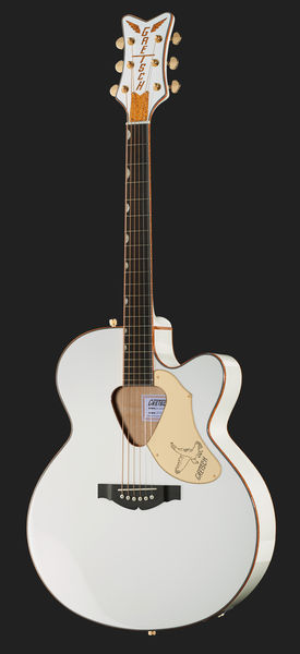 גיטרה אקוסטית מוגברת Gretsch Falcon בלבן עם עיטורי זהב – ג׳מבו עם חיתוך, טופ ספרוס מלא ופיקאפ Fishman 2 גיטרה אקוסטית לבנה Gretsch Falcon – תמונה 2