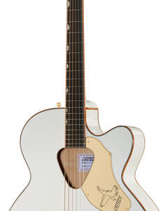גיטרה אקוסטית מוגברת Gretsch Falcon בלבן עם עיטורי זהב – ג׳מבו עם חיתוך, טופ ספרוס מלא ופיקאפ Fishman