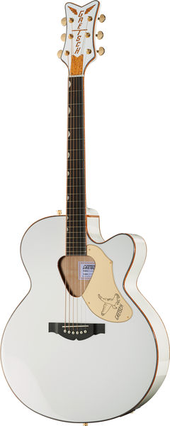 גיטרה אקוסטית מוגברת Gretsch Falcon בלבן עם עיטורי זהב – ג׳מבו עם חיתוך, טופ ספרוס מלא ופיקאפ Fishman 1 גיטרה אקוסטית לבנה Gretsch Falcon