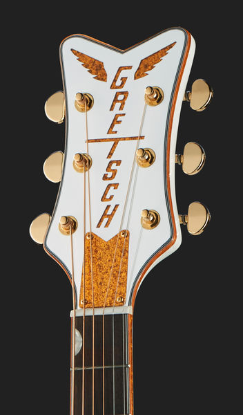 גיטרה אקוסטית מוגברת Gretsch Falcon בלבן עם עיטורי זהב – ג׳מבו עם חיתוך, טופ ספרוס מלא ופיקאפ Fishman 6 גיטרה אקוסטית לבנה Gretsch Falcon – תמונה 6