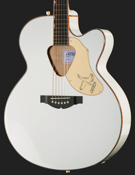גיטרה אקוסטית מוגברת Gretsch Falcon בלבן עם עיטורי זהב – ג׳מבו עם חיתוך, טופ ספרוס מלא ופיקאפ Fishman 4 גיטרה אקוסטית לבנה Gretsch Falcon – תמונה 4